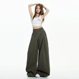 New Lazy Trend Brand Design Army Green Leisure Pants Women Summer High-Waist Loose Broad Leg Pants Drag Floor Trousers