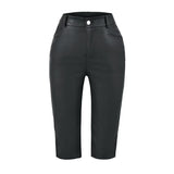 Korean Version Of Temperament OL Capri Trousers High Waist Repair Leather Pants Sexy Side Open Fork Casual Seven-Point Trousers