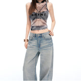 26 Years Of Summer New Low-Rise Retro Washing Laser Radiated Three-Dimensional Cat Should Be Loose Broad-Legged Jeans