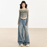 Dark Blue High-Quality Fireworks Pattern White Design Wide-Legged Jeans Women's New 25 Years