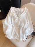 White Folded Wood Ear Splicing Lace V-Neck Shirt Women 2025 Summer New High-End Commuting Top