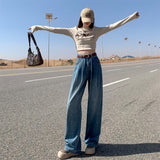 Korean Version Of Blue Denim Broad-Legged Trousers Women High-Waist Loose Thin Folds Design Straight Tug Trousers