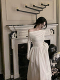French Word Shoulder Long Sleeve White Dress Texture High Sense 2026 New Early Autumn Temperament Long Dress