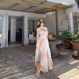 Brass Hanging Neck Sexy Big Dew Long Dress Female Yellow Light Luxury High-End Feeling Leaf Side Holiday Dress