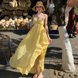 2025 Light Yellow Lattice Holiday Wind And Wind-Dew Back Dress Dopamine Island Beach Hanging Neck Beach Dress