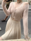 The Sunny Day Confession_Through The Wardrobe Full Folded Full Wool Skirt / V Collar Henry Waist High-Waist College Wind