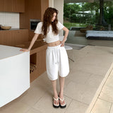 2 Color Retro Loose Broad Leg Pants Tight Waist Drawstring 100 Straight Five-Point Trousers Summer Casual Pants Woman