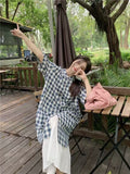 Fashion College Student Dress Literary Retro Plaid Loose Short-Sleeved Shirt + White Dress Two Sets Of Ocean