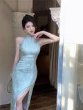 New Chinese Style Breeze Breeze Cold Green Improved Cheongsam Sexy Style Thousands Of Beautiful Hanging Neck Dress Women Summer