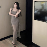 Open-Fork Sling Dress Girl Summer Sweet Hottie Small Flying Sleeve Pure Desire To Close The Waist Net Yarn Dress Irregular Dress