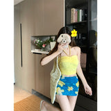 Yellow Strapped Neck-Scared Waist-And-Bosing Vest Woman Summer Seaside Dopamine-In-Matched Bag-Buffed Half-Dress Two-Case