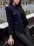 Small Bus Private Clothes Gold Button Coat Lazy High-End Temperament Dark Blue Shoulder Collar Top