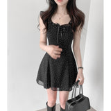 Korean Sweet Girl Wave Point Small Flying Sleeve Lotus Leaf Lace Waist Chiffon Dress Small Thin Short Dress