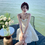 2025 French Romantic Delicate Temperament Beige Sling Skirt Bow Folding Cup Silken Sling Skirt Dress