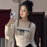 Pure Wind Design With Bow Slings Knitted Shirts Two Sets Of Women's Spring New Small Clothes On The Tide