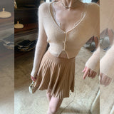 The Sunny Day Confession_Through The Wardrobe Full Folded Full Wool Skirt / V Collar Henry Waist High-Waist College Wind