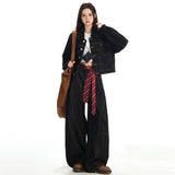 Autumn Dark Blue Car Line Split Scimits Jeans Women Retro Street High-Rise Thin Slacken