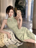 New Chinese Style Breeze Breeze Cold Green Improved Cheongsam Sexy Style Thousands Of Beautiful Hanging Neck Dress Women Summer