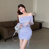 Sexy Hottie Sweet And Spicy Gentle Folding Word New Braid Mesh Elastic Long-Sleeved Dress Dress