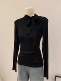 French Temperament Sense Bow Strap Design Long-Sleeved T-Shirt Women Winter Wind Chic Repair Bottom Top