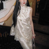 New Chinese Heavy Industry Lace Embroidery Sloping Sloping Vest + Fishtail Skirt Embroidery National Style Suit