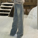 European Hot Diamond Shiny Straight Jeans Women 2026 Fashion Heavy Industry High-Level Broad Legs