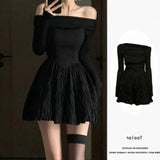 One-Word Shoulder Niche Thin Short Skirt Temperament Black Design Folded A-Character Dress Long-Sleeved Dress Spring And Autumn Girl