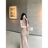 2026 French Hanging Neck Dress Women Autumn Lace Splicing Ribbon Dress High-End Temperament Dress