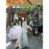 Cotton Tungsling Old Money Style Sports Suit Women's Summer Air Sleeveless Tops Wide Leg Trousers Casual Two Sets