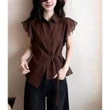 Design Sense Of The Color Small Clame Short-Sleeved Shirt Women Summer Small Man To Close The Waist Tied With Lotle Side Temperament Shoulder Coat
