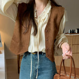 Korean Blogger Retro Simple Slip Velvet Folded V-Neck Cardigan Outside Vest + Wooden Ear Tie Shirt