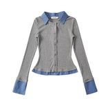 College Wind Fake Two Long-Sleeved Knitted Shirt Women's Shirt Collar Thin Short Sweater Korean Cardigan New