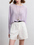 2025 Early Autumn New Purple Hollow Hooded Striped Knitted Sweater Tops Sunscreen Thin Woman