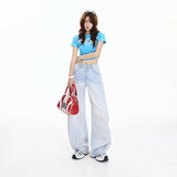 Vintage High-Waist Loose Broad Leg Trousers After Buckle Design Sense Adjustable Scissor Pants Jeans Woman