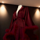 High-Grade Acetic Acid-Sinated Red Dress Woman With Short Broad-Sleeved Hairy Nightgown Wedding Morning Robe