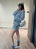 Jennie's Same Little Fragrant Blue Stripes Loose V-Neck Knitted Shirt Sling + Short Skirt
