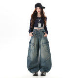 Vintage Autumn And Winter Multi-Bag Rewashing Waterwork Casual Drag Jeans Neutral Style Men And Women