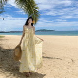 Seaside Holiday Yellow Print Sling Dress Woman 2025 New French Sexy Summer Beautiful Little Dress