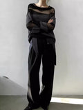 Korean Black Mesh Splicing Hollow Knitted Shirt Women Spring And Autumn Special Design Feeling Lazy Wind Loose Top