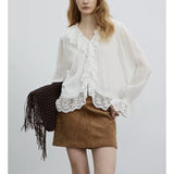 Romantic/French Silk Lotus Edge V-Neck Heavy Industry Lace Elegant Relaxation Long-Sleeved Shirt
