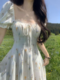 French Style Collar Bubble Sleeves Shredded Flower Dress Shed Waist Thin A Word Swing Dress Summer Gentle Wind First Love