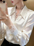 This Year's Popular High-End Exquisite Lace Splicing Shirt Alone Special To Beautiful Rice White Denight Shirt Women Spring