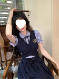 Deep Blue Scale College Style Splicing Two Waist Reduction Temperament Long Dress Early Autumn Polo Collar Skirt