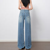 Blue High-Rise Elastic Straight Jeans Women 2026 Spring New Non-Legged Slim Texture Wide Leg Pants