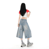 Puppy Embroidered Broad-Legged Seven-Point Jeans Women Low-Rise Loose Straight Eight-Point Thin Jeans