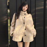 Korean Chic Winter Retro French Temperament Standing Collar Warm Loose Fur Coat Coat 2 Colors
