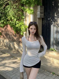 Spice Girls Sexy Slanted Shoulder Long Sleeve T-Shirt Girl Summer Repair Sunscreen Shirt Irregular Casual Chic White Teater