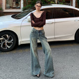 Heavy Retro Blue Bamboo Trumpet Micro-Tipped Jeans Women Do Not Stick To Legs Low-Rise Loose Trumpet Trousers Wide Leg Trousers