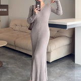 Herman Curved Temperament Wool V-Neck Knitting Body Bottom Dress Women Autumn