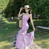 French Light Green Printed Mesh Sling Dress Women's Summer Seaside Vacation Pure Sexy Fishtail Ass And Hips